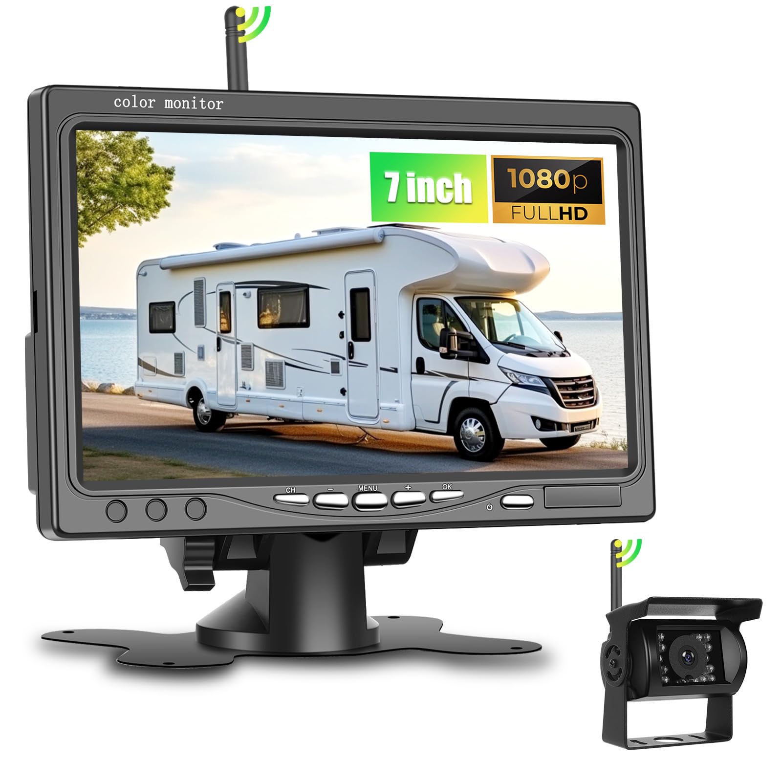 SIXWIN Kit de Camara Trasera Coche Inalambrica HD 1080P, Monitor de 7 Pulgadas con Cámara de Respaldo Inalámbricas para Remolque, Camper, Camión, Autobús, IP68 Impermeable, Visión Nocturna, BSD