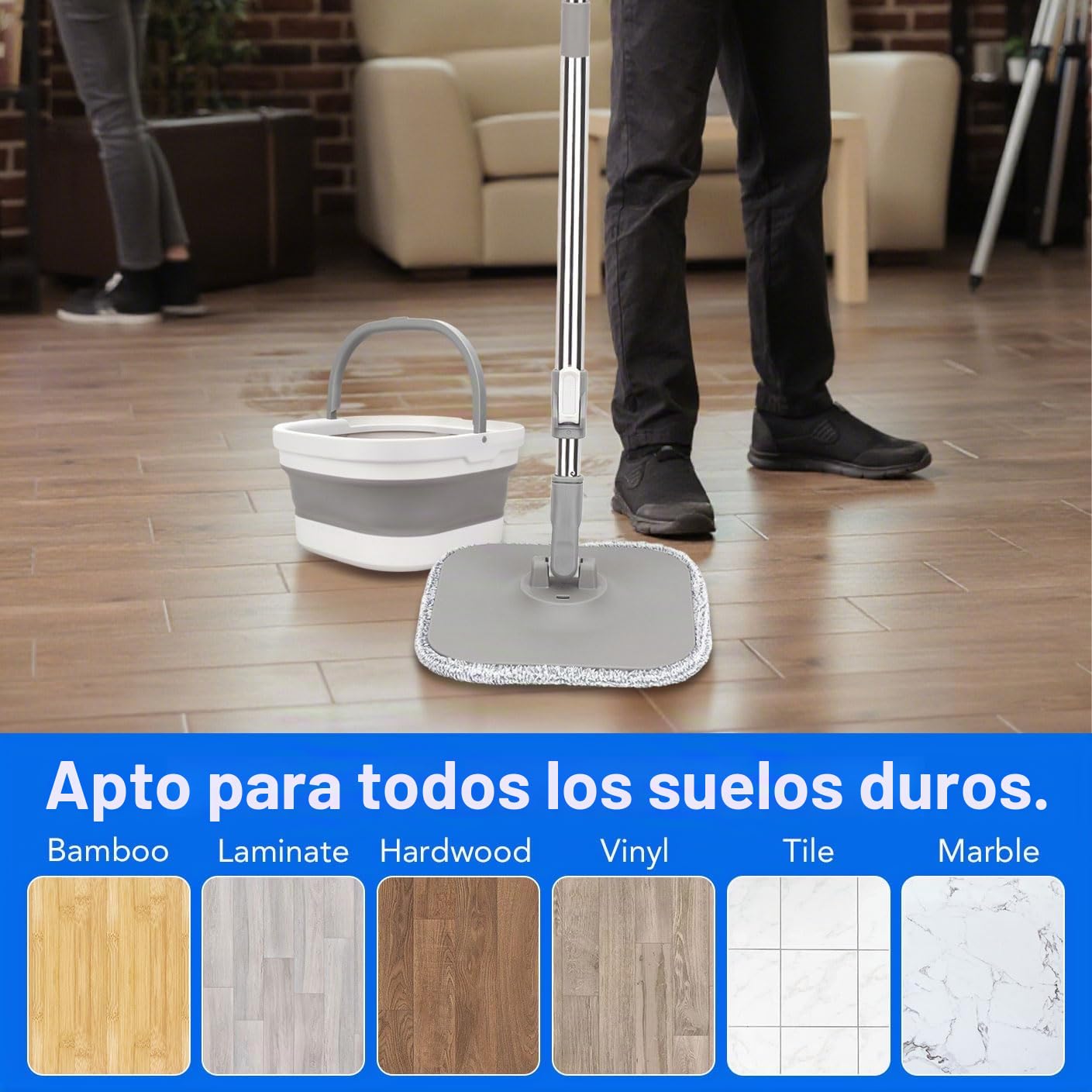 Sgizoku Juego de fregona con cubo plegable, fregona giratoria de 360° con prensa, lavado y secado, con 2 almohadillas de microfibra reutilizables para todo tipo de suelos