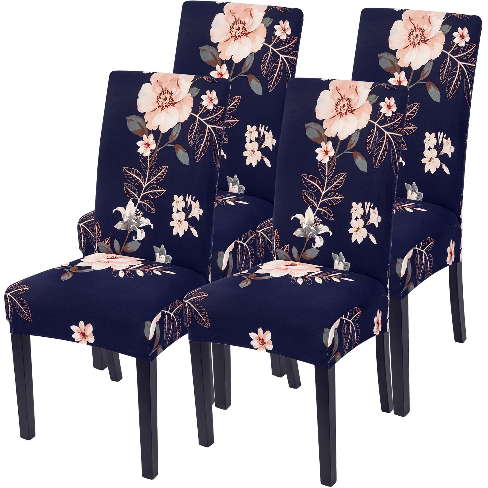 SearchI Dining Room Chair Covers Slipcovers Set of 4, Spandex Super Fit Stretch Removable Washable Kitchen Parsons Chair Covers Protector for Dining Room,Hotel,Ceremony, Navy+Flowers