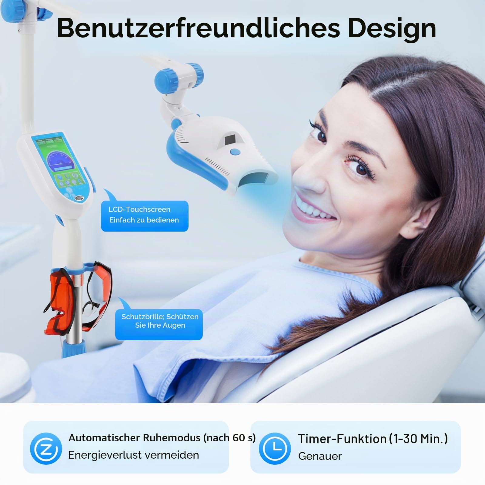 Dental LED Whitening Lampe, Teeth Whitening Device mit Rädern, Timer und Klinikeinstufung Zahnaufhellung Accelerator Zahn Bleaching – 3 Lichtfarben & Touchscreen