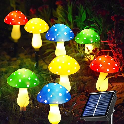 Miniatura 1 de Paquete de 8 luces solares azules de jardín de hongos para exteriores, 8 modos de lámpara solar de hongos para decoración de jardín, luces LED