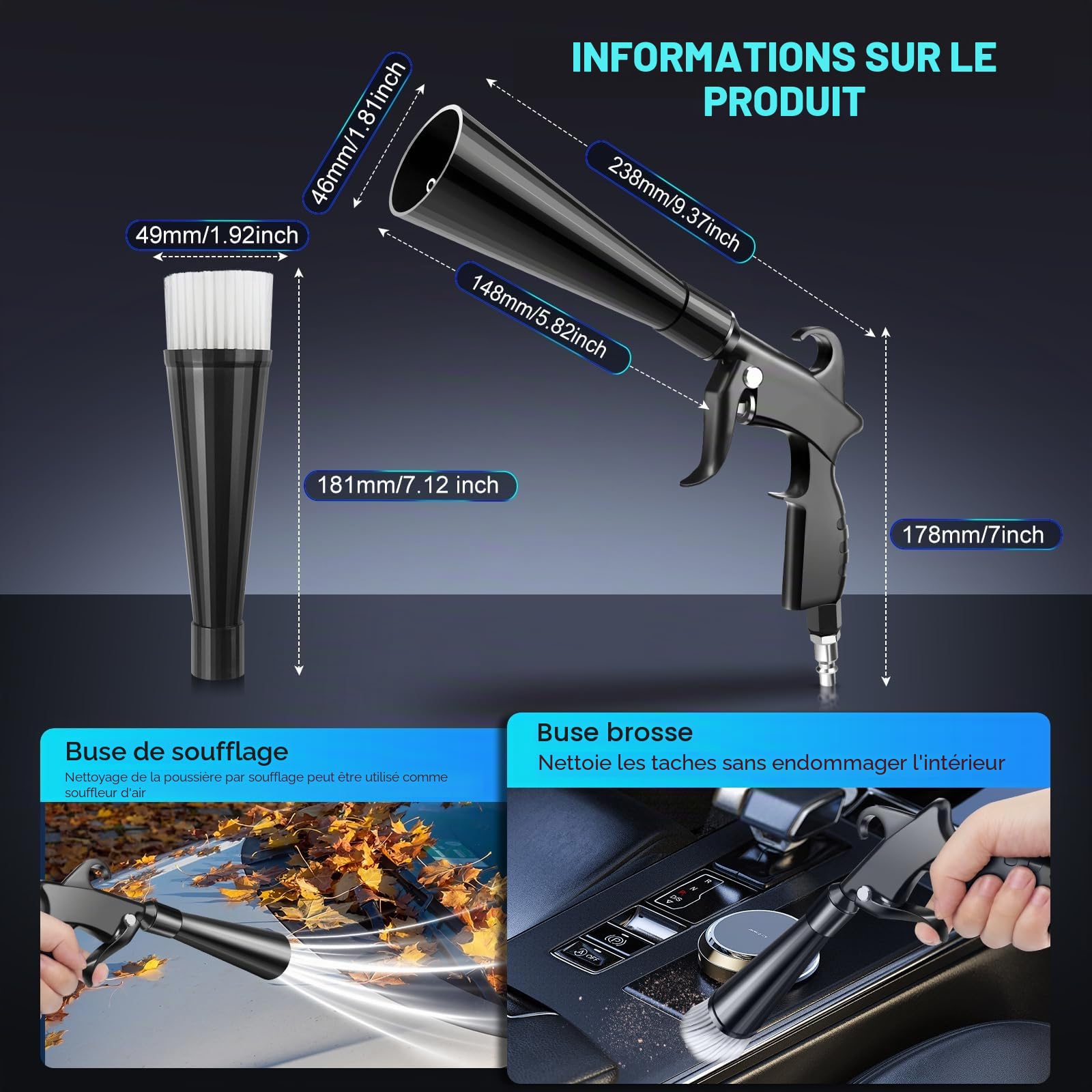 Pistolet de nettoyage à sec haute pression pour voiture, pistolet à air de séchage intérieur avec 2 buses pour évacuer rapidement la saleté et la poussière avec flux d'air