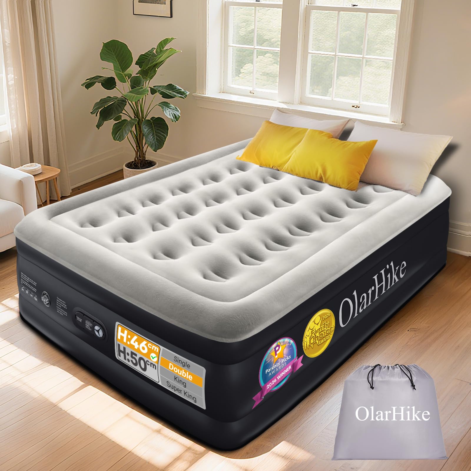 OlarHike Inflatable Mattress, Air Bed, Double Airbed with Built in Pump, 135 x 190 x 46cm, Ideal Sleep Solution for Guests, Blow Up Mattress, Folding Bed with Flocked Surface for Camping and Home