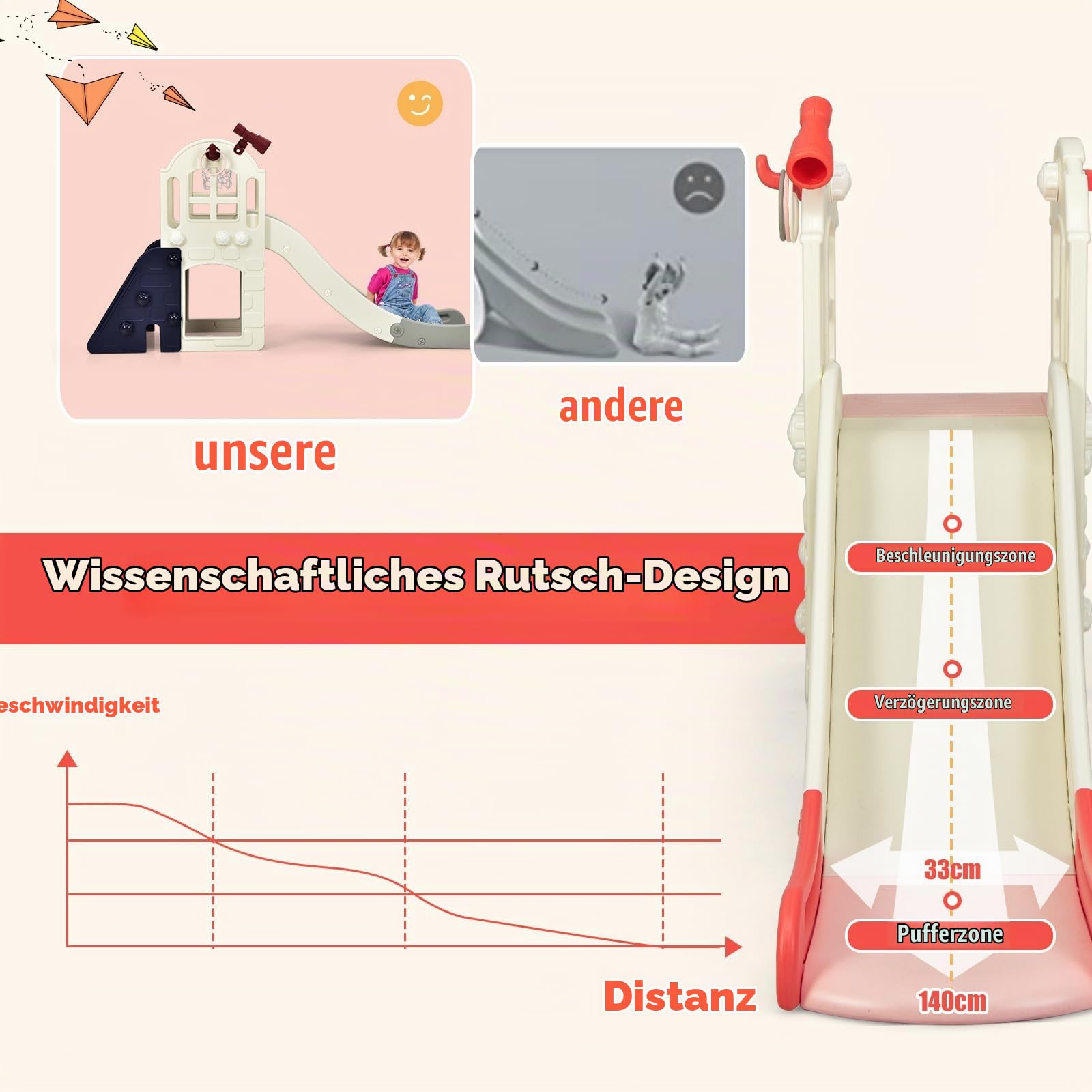HOMASIS 6 in 1 Kinderrutsche Indoor & Outdoor, Kinder Rutsche mit Basketballkorb, Kletterleiter, Ringwurf, Tunnel, Teleskop, Babyrutsche Spielplatz Gartenrutsche für Kinder ab 3 Jahren (Rosa)