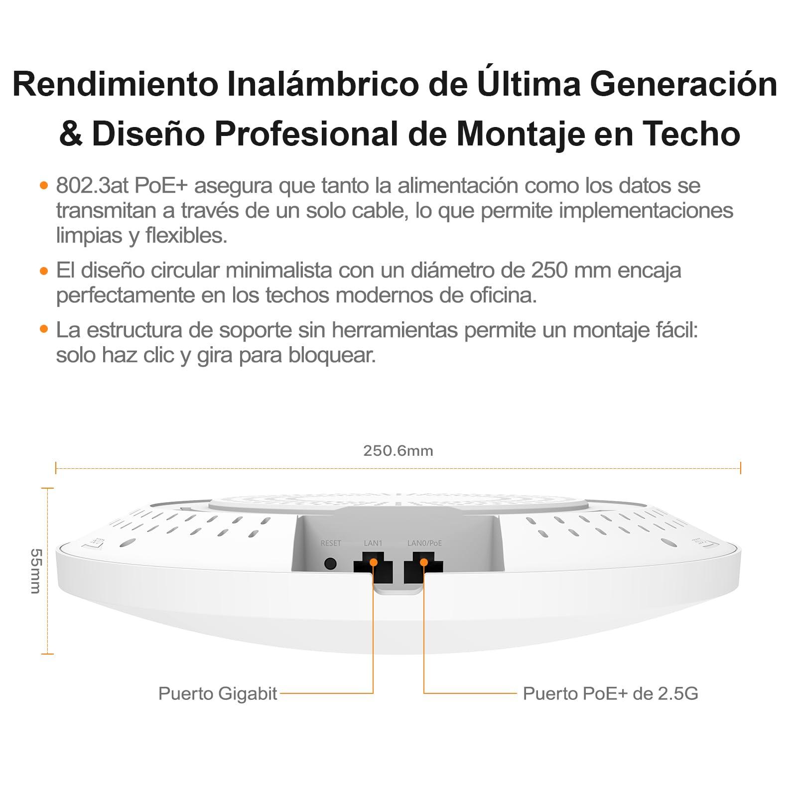 Tenda I36 BE5010 Punto de Acceso WiFi 7 con 2 Puertos (1x Puerto PoE+ 2.5G y 1x Puerto Gigabit, Seguridad WPA3, Múltiples SSID, Gestión a través de App/Nube o Local, Incluye Fuente de alimentación)