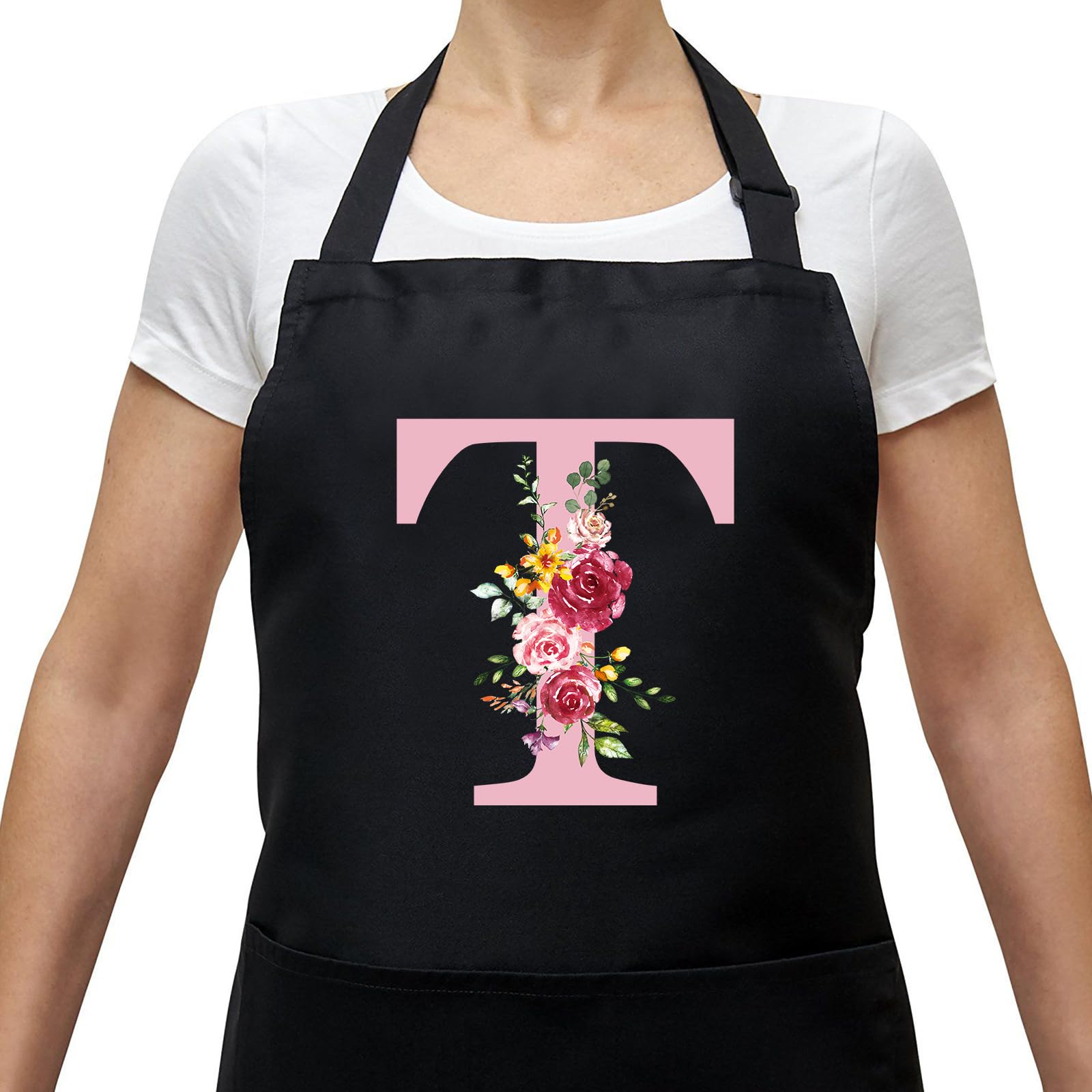 Delantal Cocina Mujer con Inicial y Flores, Delantales Impermeables con Bolsillos, Delantal de Barbacoa Ajustables para Cocina Café Jardinería Hornear, Regalo de Cumpleaños para Mamá Esposa Abuela T