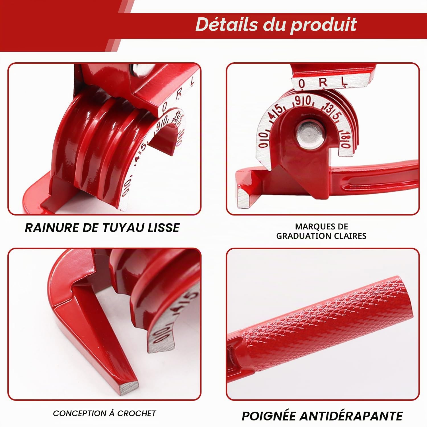 mxuteuk Cintreuse de tubes 1/4" 5/16" et 3/8" (6 mm, 8 mm, 10 mm), 180 °, 3 en 1, pour tubes en cuivre, laiton, aluminium et tubes en acier fins