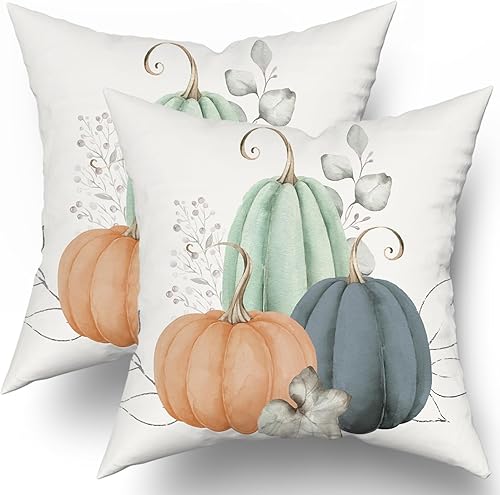 Juego de 2 fundas de almohada de calabaza de color azul y naranja otoñal de 16 x 16 pulgadas, almohadas de calabazas de acuarela, decoraciones