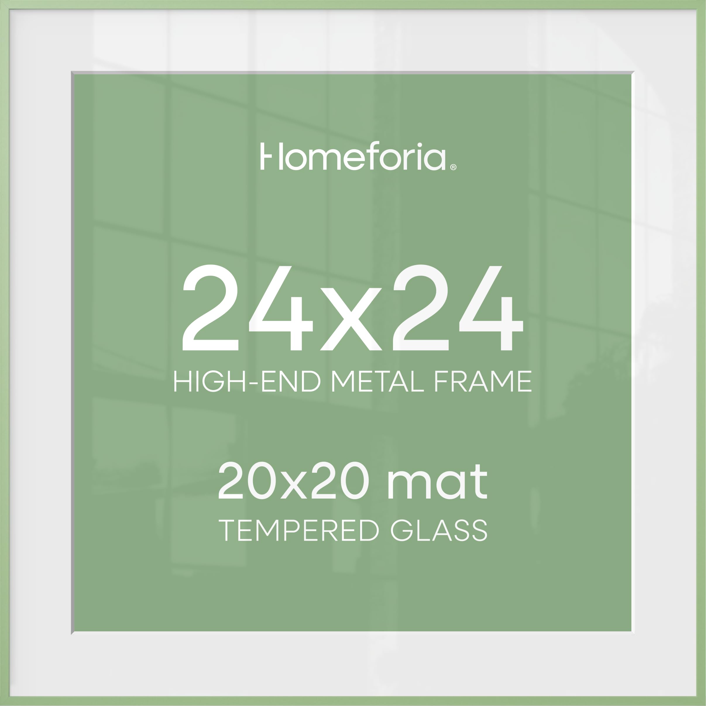 Homeforia 24x24 Picture Frame Sage Green, High End Metal 24 x 24 Large Square Poster Frames with Mat 20 by 20 inch Photo, 24by24 Thin Frames Matted to 20x20 for Art, Tempered Glass, Wall Kit, Set of 2