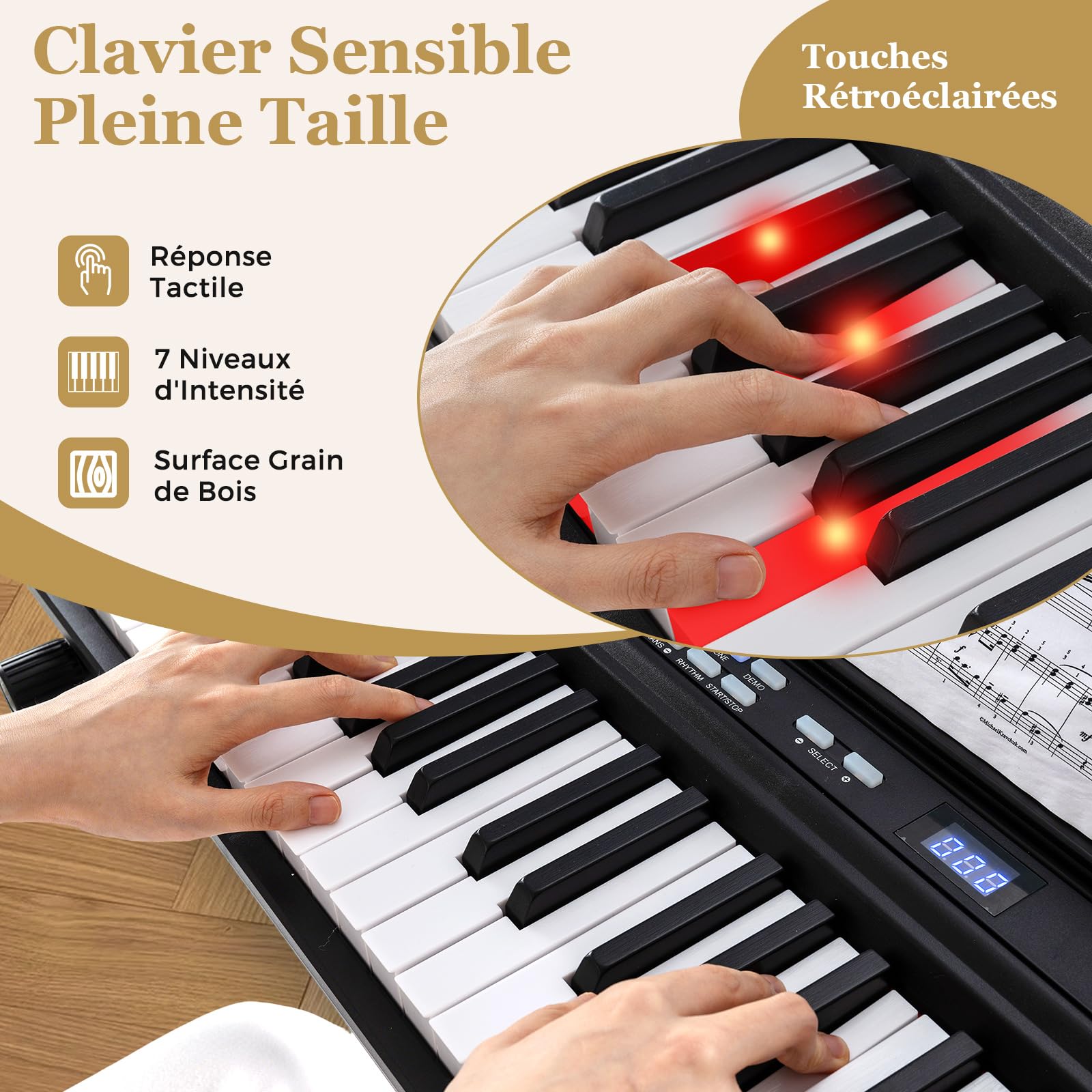 COSTWAY Piano Numérique 88 Touches avec Tabouret et Support Réglable, Clavier Piano Taille Complète avec Casque et Pupitre, 2 Haut-parleurs, Fonction MIDI, 128 Sons 128 Rythmes pour Débutants (Noir)