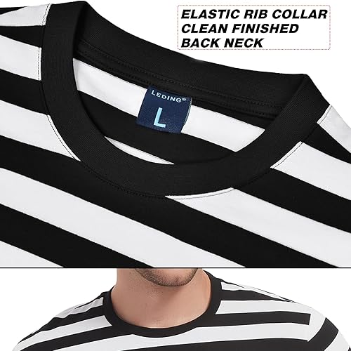 Miniatura 3 de LEDING Camisa para hombre a rayas, color negro, blanco, algodón, elastano, cuello redondo, manga larga, básica, a rayas, casual, camiseta de cuello