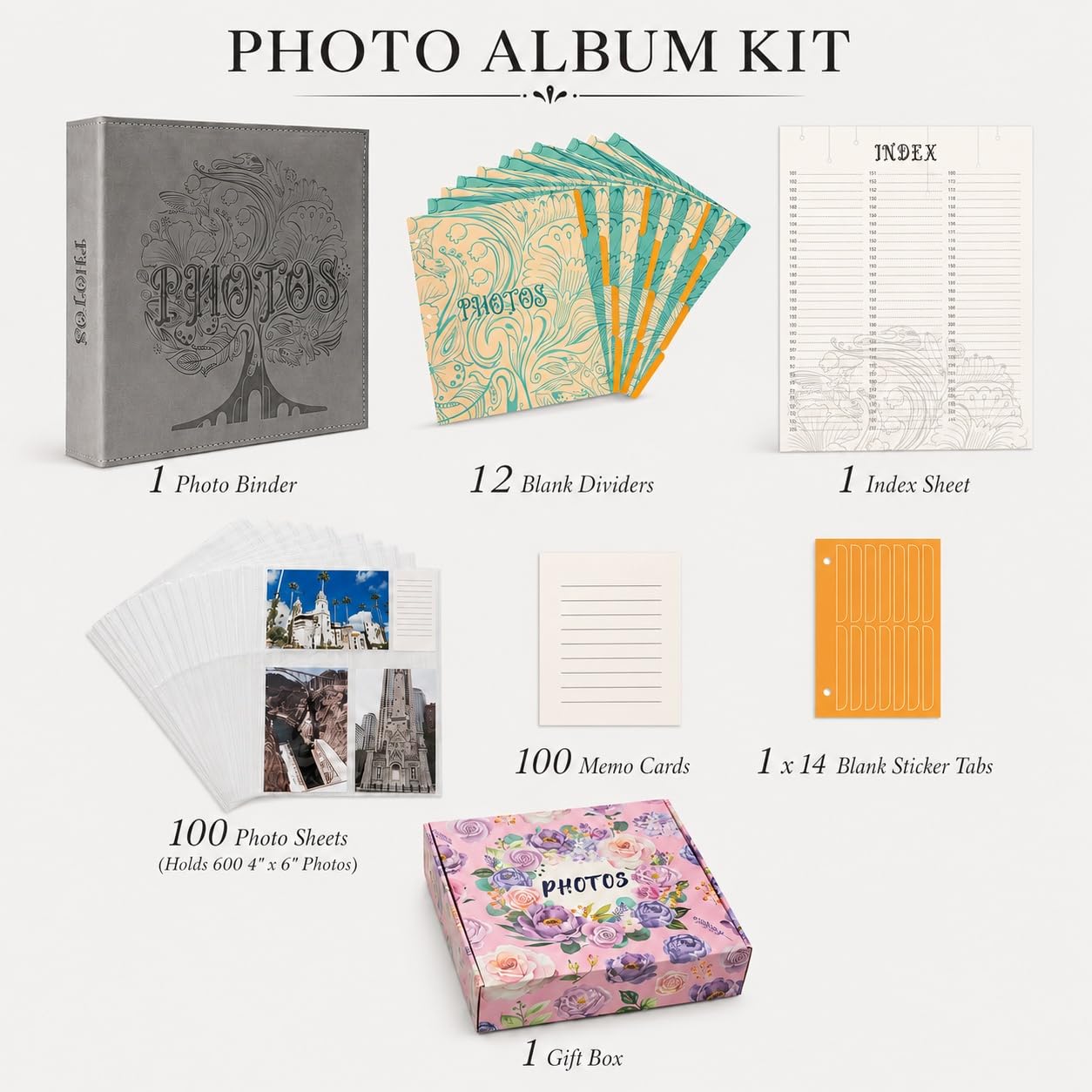 COFICE Album na zdjęcia 10 x 15, segregator, duży, z arkuszami indeksowymi i przegrodami, duży fotoksiążka z kieszonkami bezkwasowymi, pomieści do 600 zdjęć - elegancki pokrowiec ze skóry PU, szary