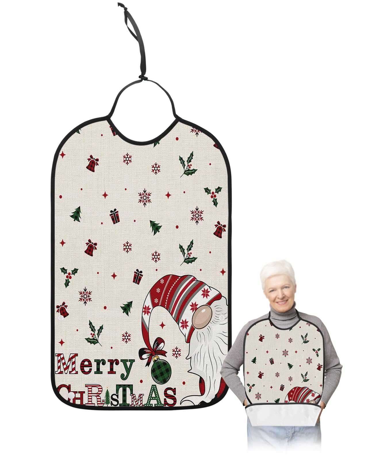 Christmas Adult Bib for Adults Men, Women, Washable & Adjustable Terry Cloth Bib with Crumb Catcher Reusable Waterproof Clothing Clothes Protector Apron Rustic Gnomes Country Plaid Checkered