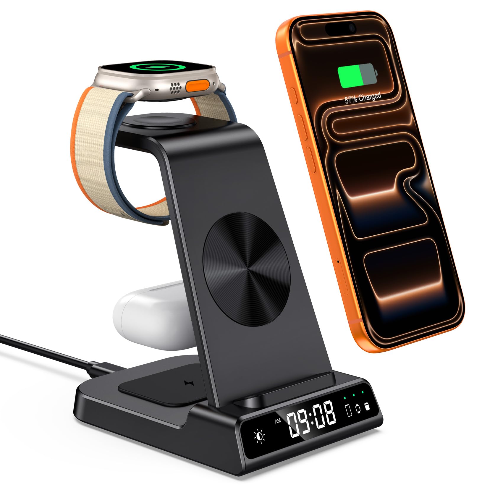 Wireless Charger for iPhone Air/17/16/15/14/13/12 Series, 3 in 1 Wireless Charging Station with Clock for Apple Watch 10/Ultra 2/9/8/7/6, Air Pods Pro 3 (No Adapter)