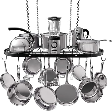 Pot and Pan Ceiling Rack, Mounted Cookware Storage Rack, Hanging Pot and Pan Suspended Organizer with 15 Hooks