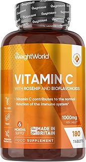 Vitamin C Tablets 1000mg - 180 Tablets - 6 Months Supply - Added Rosehips & Bioflavonoids - Vegan, Gluten-Free & Lactose-Free - VIT C Supplement (As L-Ascorbic Acid) - 1 per Day - Made in The UK
