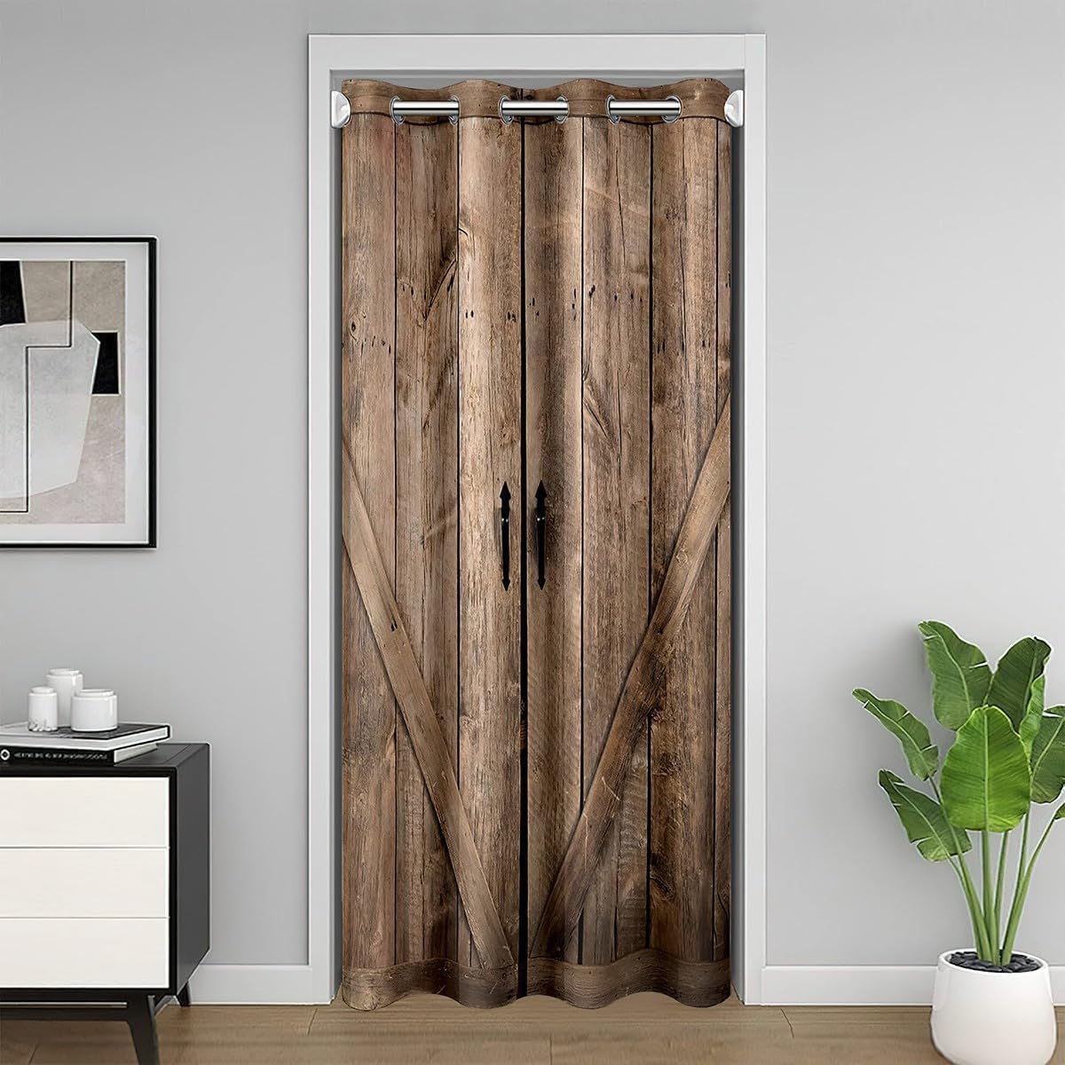 Loussiesd Retro Wooden Door Curtain, Country Pattern Door Curtain, 106X203Cm, Used for Door Privacy Rural Farmhouse Cabinets