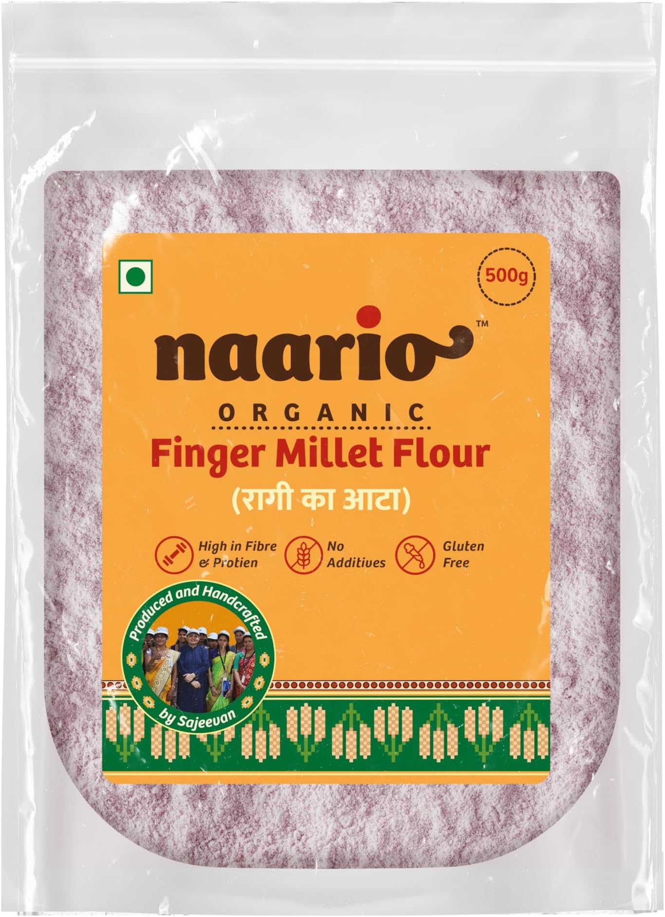 Naario Certified Organic Ragi Flour, Gluten Free Atta, Finger Millet, High Fiber, Rich in Protein, Iron, Calcium & Nutrients, Healthy, Natural & Fresh - 500 grams