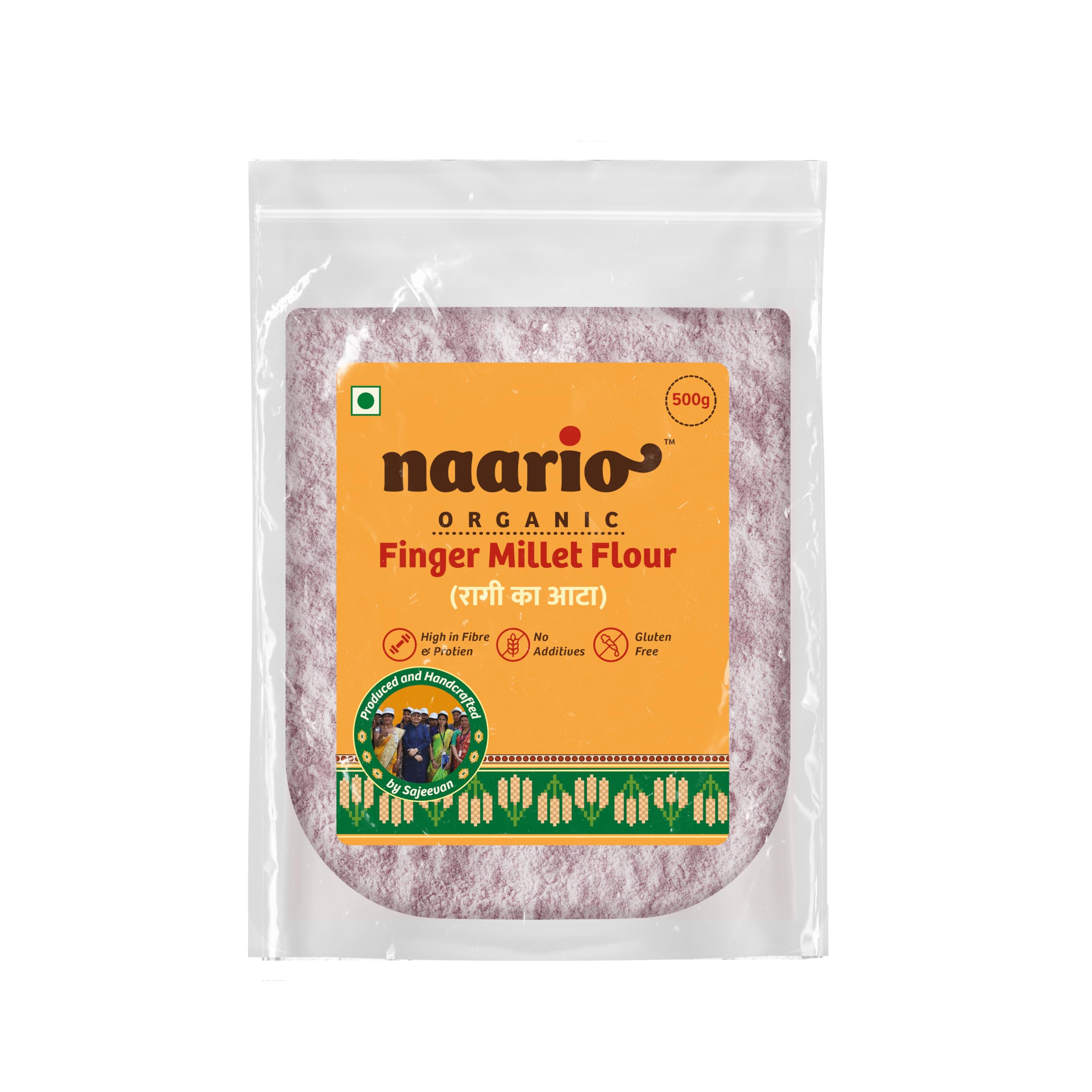 Naario Certified Organic Ragi Flour, Gluten Free Atta, Finger Millet, High Fiber, Rich in Protein, Iron, Calcium & Nutrients, Healthy, Natural & Fresh - 500 grams