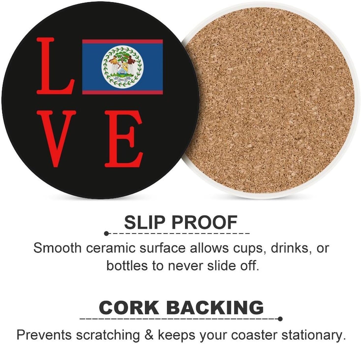 Love Belize Flag Funny Round Ceramic Coasters for Drink Absorbent Cup Holders Tabletop Protection
