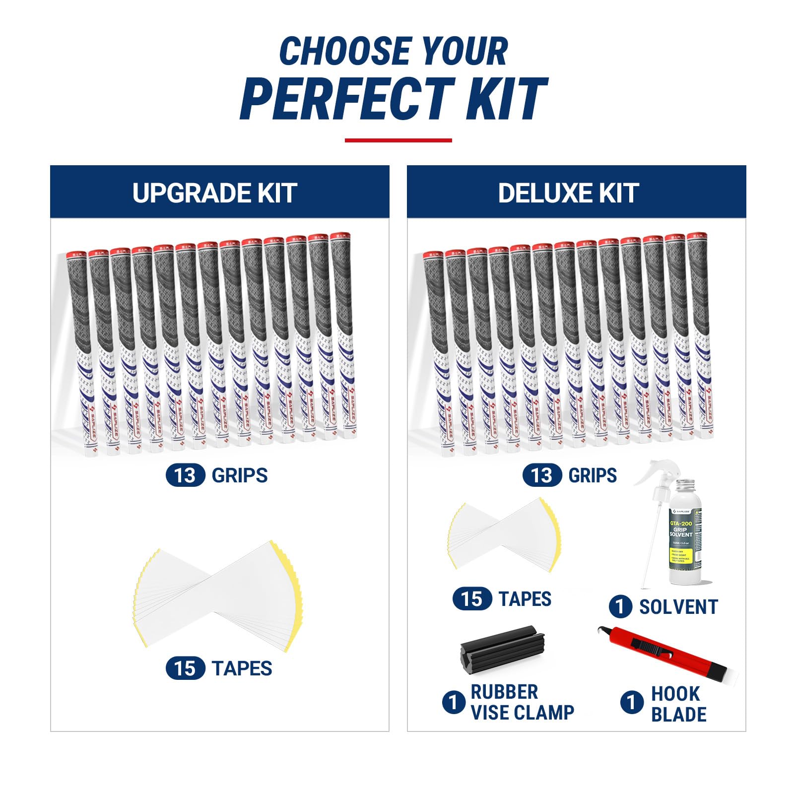 SAPLIZE Lot de 13 poignées de golf avec kit de regripping complet, taille standard/moyenne, cordon en caoutchouc, poignées de club de golf hybrides, 6 options de couleurs