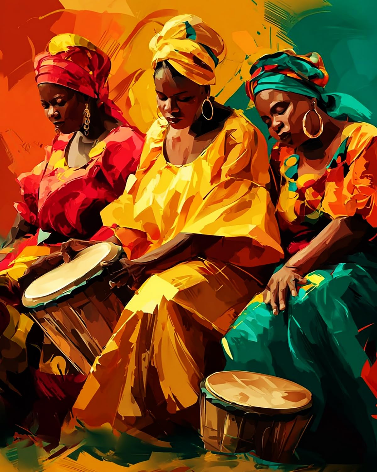 Liubaishi Women's Multicolour Paint By Numbers For Adults, 16X20 Inch Acrylic Canvas Kit, Three Playing Colorful Drums