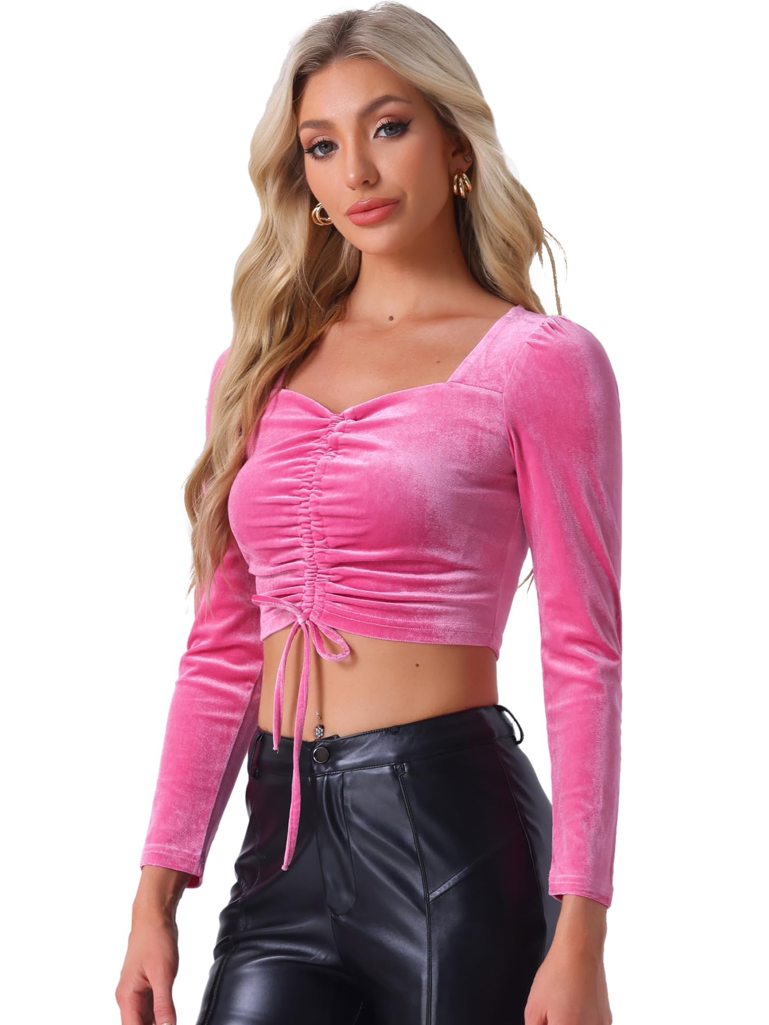 Allegra K Women Velvet Halloween Ruched Drawstring Front Crop Top Hot Pink