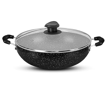NAVRANG - Induction Base Non-Stick Kadai with 2.5Ltr | Granite Texture with Glass Lid | Cookware Aluminium Kadai 240MM - Black
