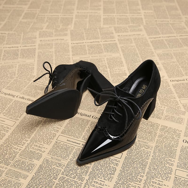 Women's Chunky Heel Pumps Pumps Pointed Toe Brogue Lace Up High Heels Spring New Shoes British Style Comfortable Dress Shoes for Work,Party & Dating (Black,Burgundy) 8cm - Image 5
