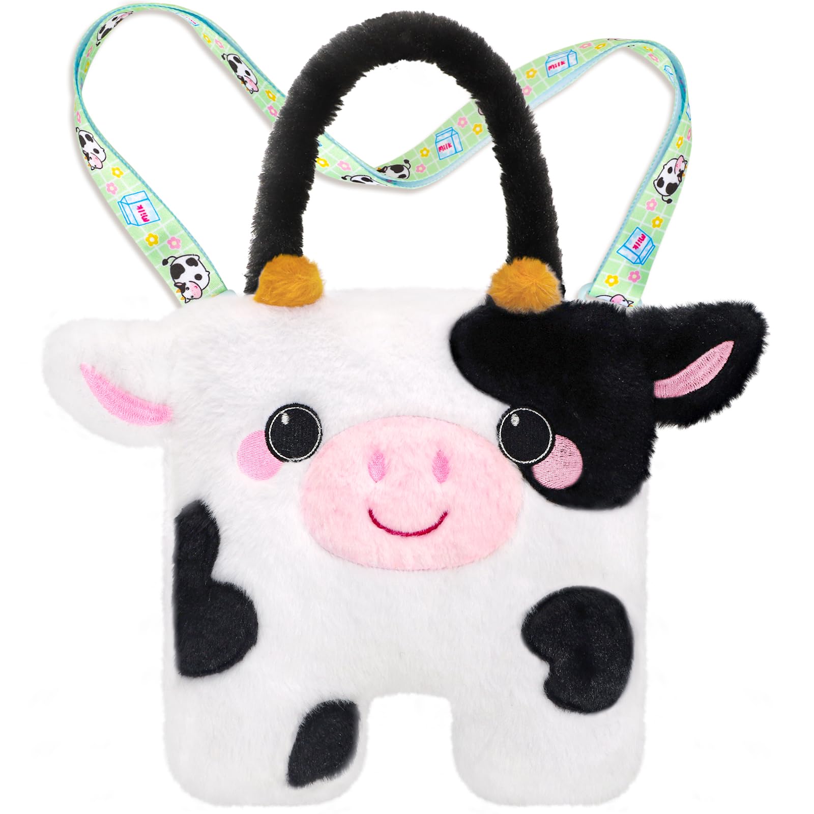 CatchCute Cow Plush Bag Crossbody Bag for Kids, Plush Handbag Tote Bag with Adjustable Strap,Soft Plush Cow Stuffed Purse with Zipper,Coin Pouch