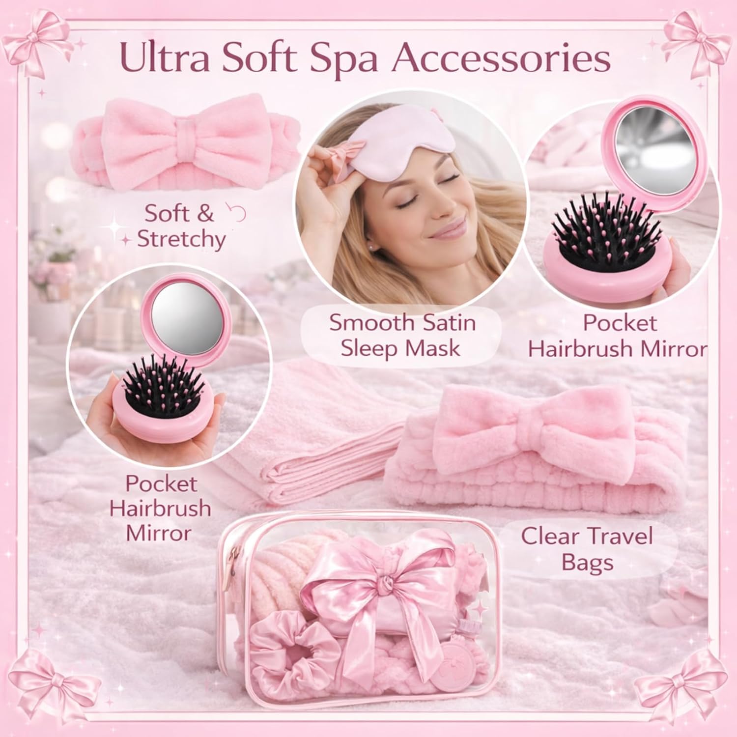 Yebo 64 Pcs Pink Bow Spa Party Favors for Women and Girls, 8 Set Sleepover Spa Party Supplies with Sleep Eye Mask, Wristband, Scrunchie, Bow Headband, Mirror, Hair Comb and Gift Bags