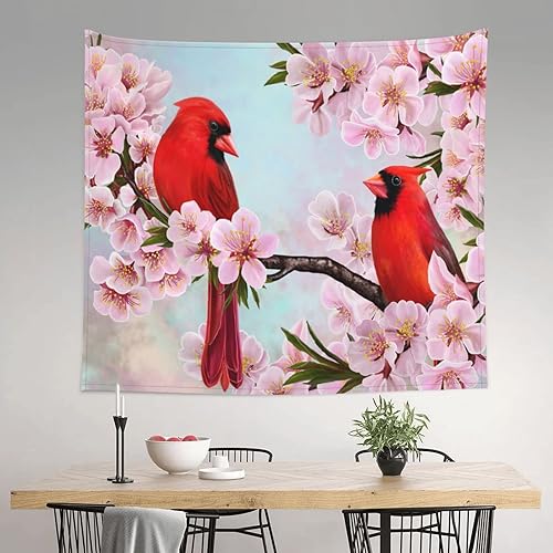 Miniatura 8 de Gbuzozie Tapiz de flores de primavera, pájaros cardenales sobre ramas de almendras, decoración para colgar en la pared, decoración para dormitorio,