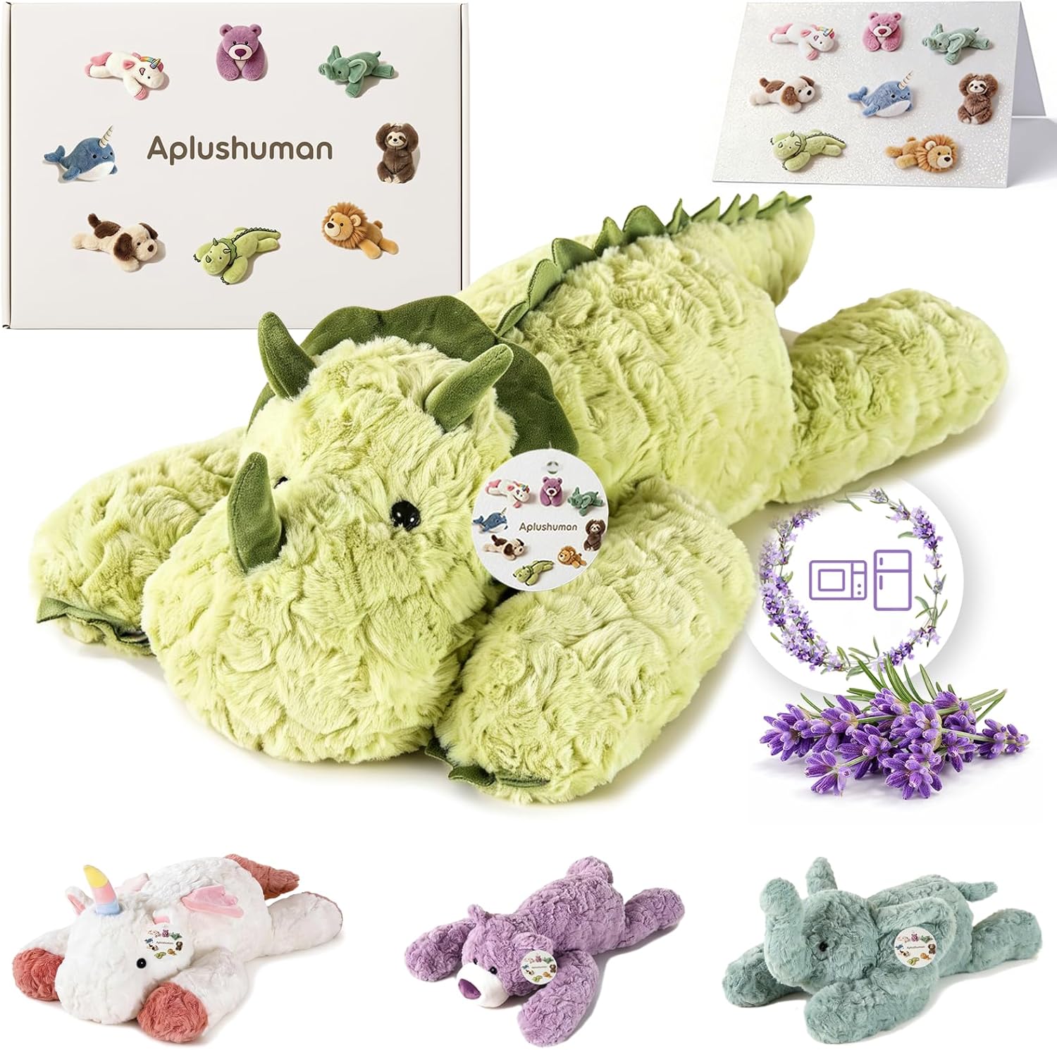 Aplushuman® Microwavable Heating Pad Triceratops Plush - Weighted Stuffed Animal Toy with Tourmaline Beads & Lavender - 1.8 lb for Long Lasting Cozy Warmth - Includes Gift Box & Greeting Card