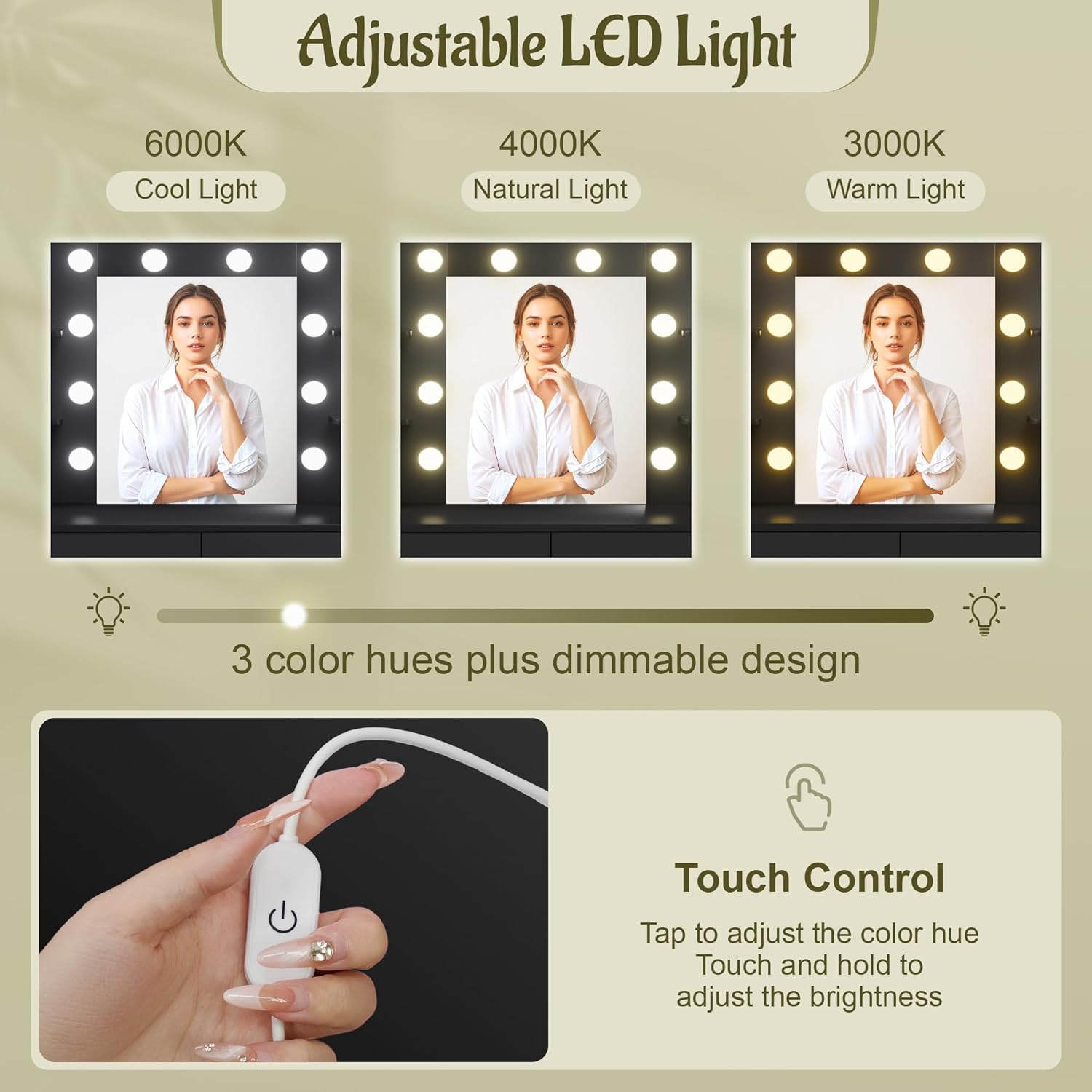 Image showing the three adjustable LED light color modes: Cool Light, Natural Light, and Warm Light, with touch control for brightness.