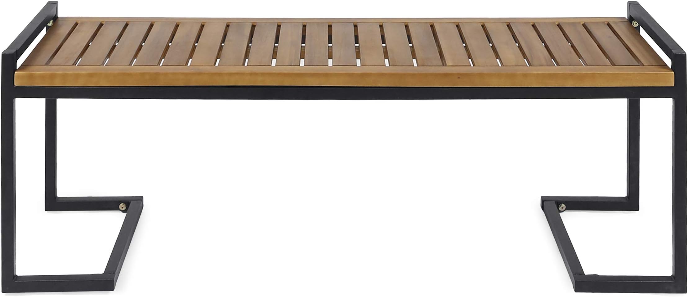 Noel Outdoor Industrial Acacia Wood and Iron Bench, Teak Finish/Black Metal