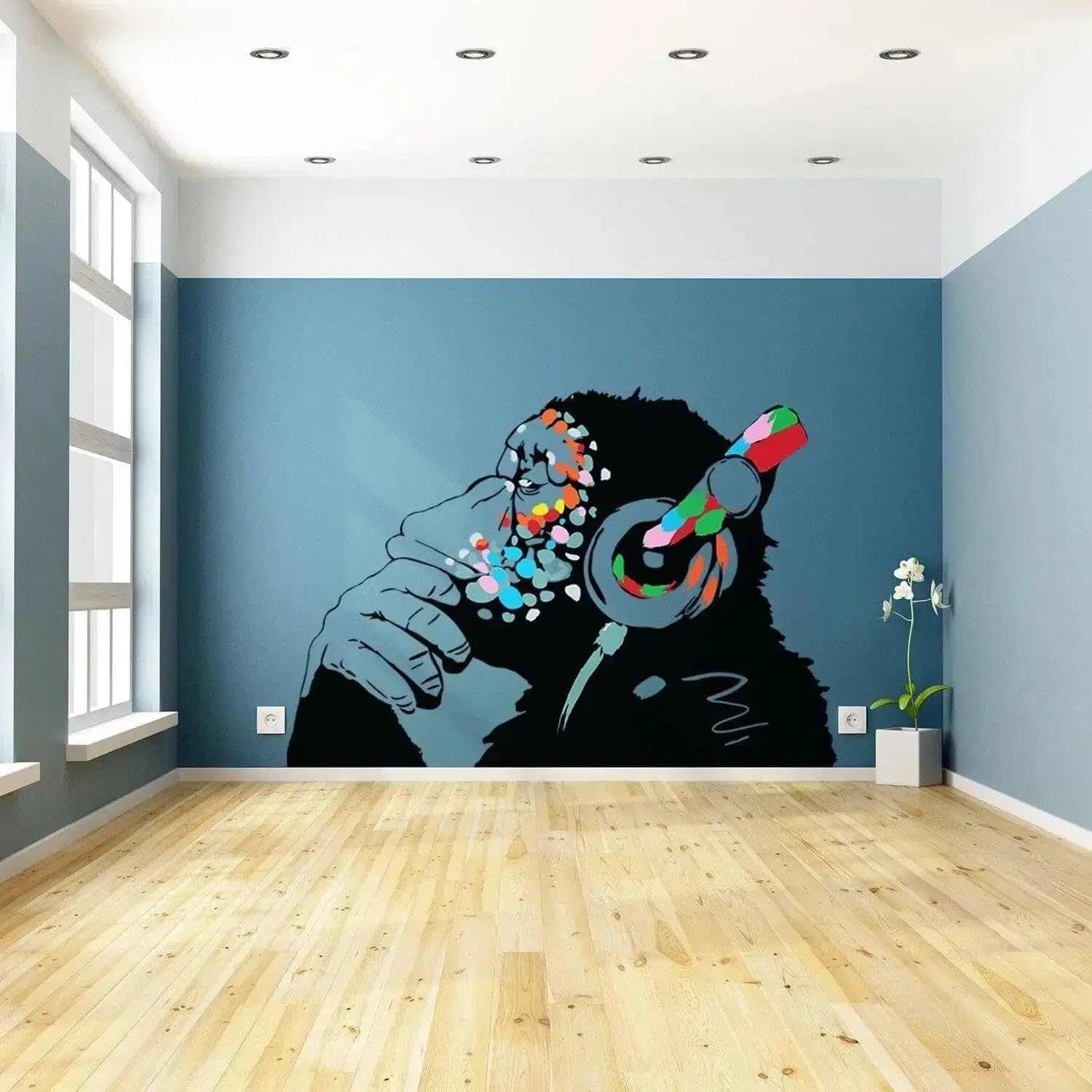 Adesivo da parete con scimmia pensante di Banksy – Art Vinyl Street DJ Baksy Decal – Cuffie scimpanzé musica pensatore graffiti murale 79 x 54
