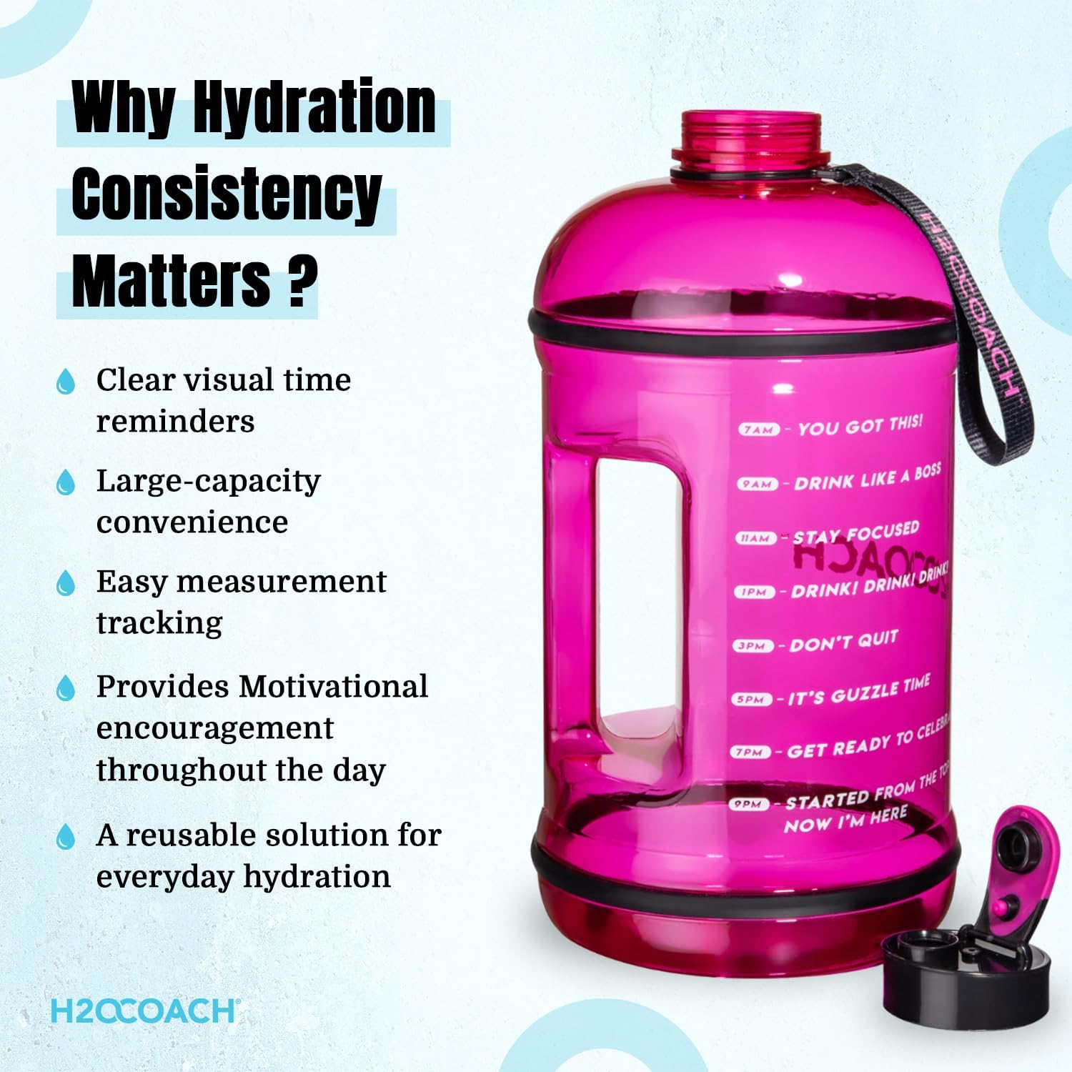 H2OCOACH 1 Gallon Hydration Jug with Time Marker & Measurements, BPA-Free Tritan Sports Drink Container, Motivational Daily Intake Tracker for Gym, Workout, & Fitness Routines (128 oz, Pink)
