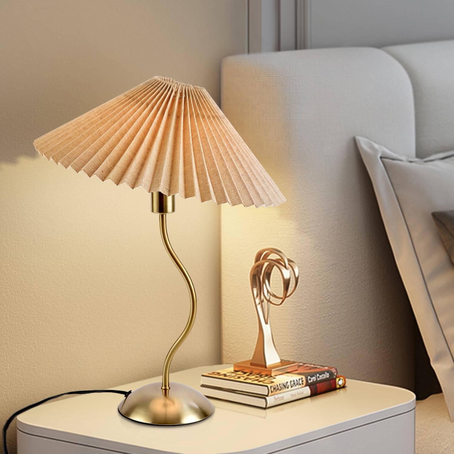 Modern Curved Table Lamp with Pleated Shade, 17.3" Tall Gold Desk Lamp with E12 LED Bulb, Vintage Minimalist Accent Light for Bedroom, Living Room, Office
