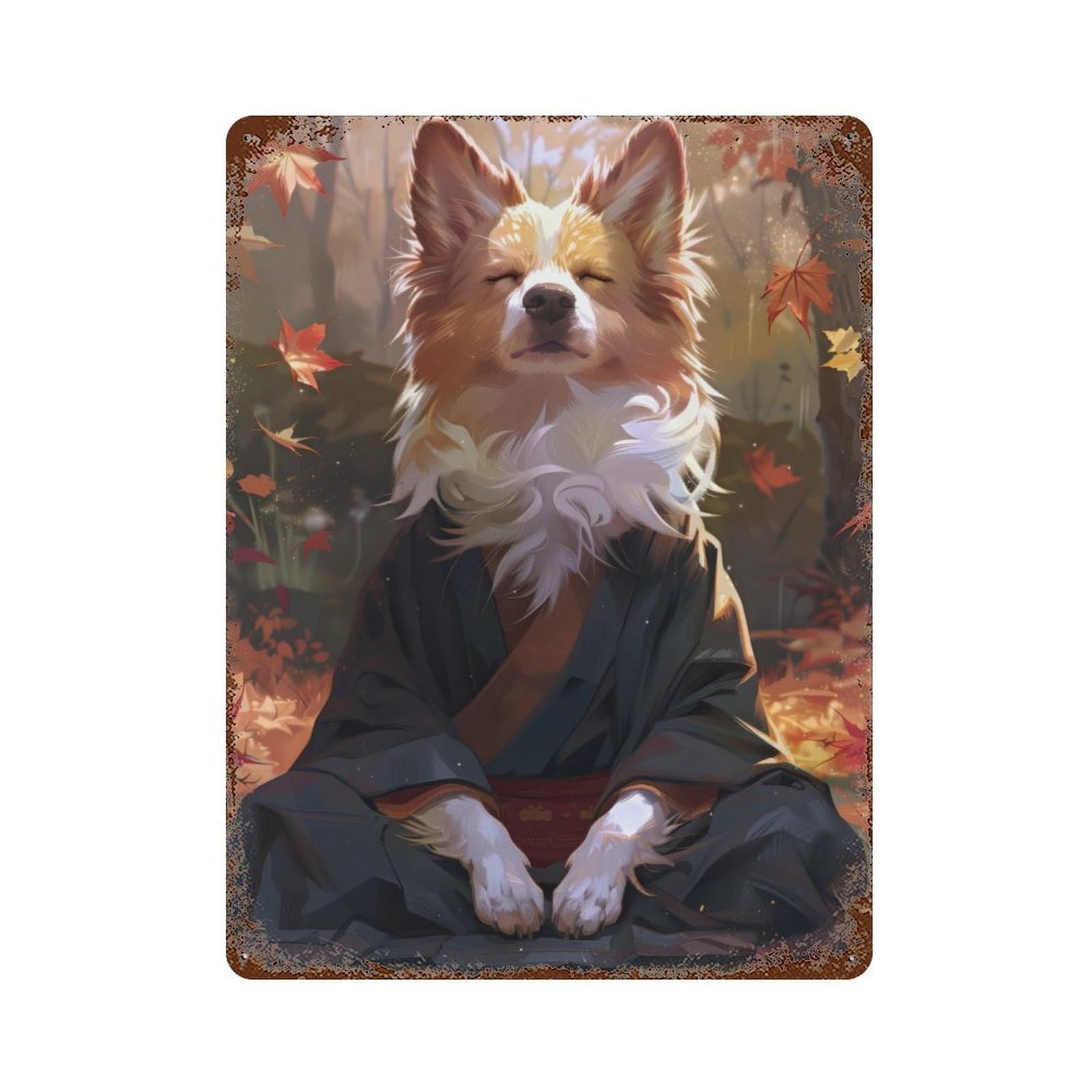 Zen Meditating Corgi Dog Rust Effect Tin Sign 15.7"x11.8", Industrial Home Decor for Garage, Bar And Workshop Decor