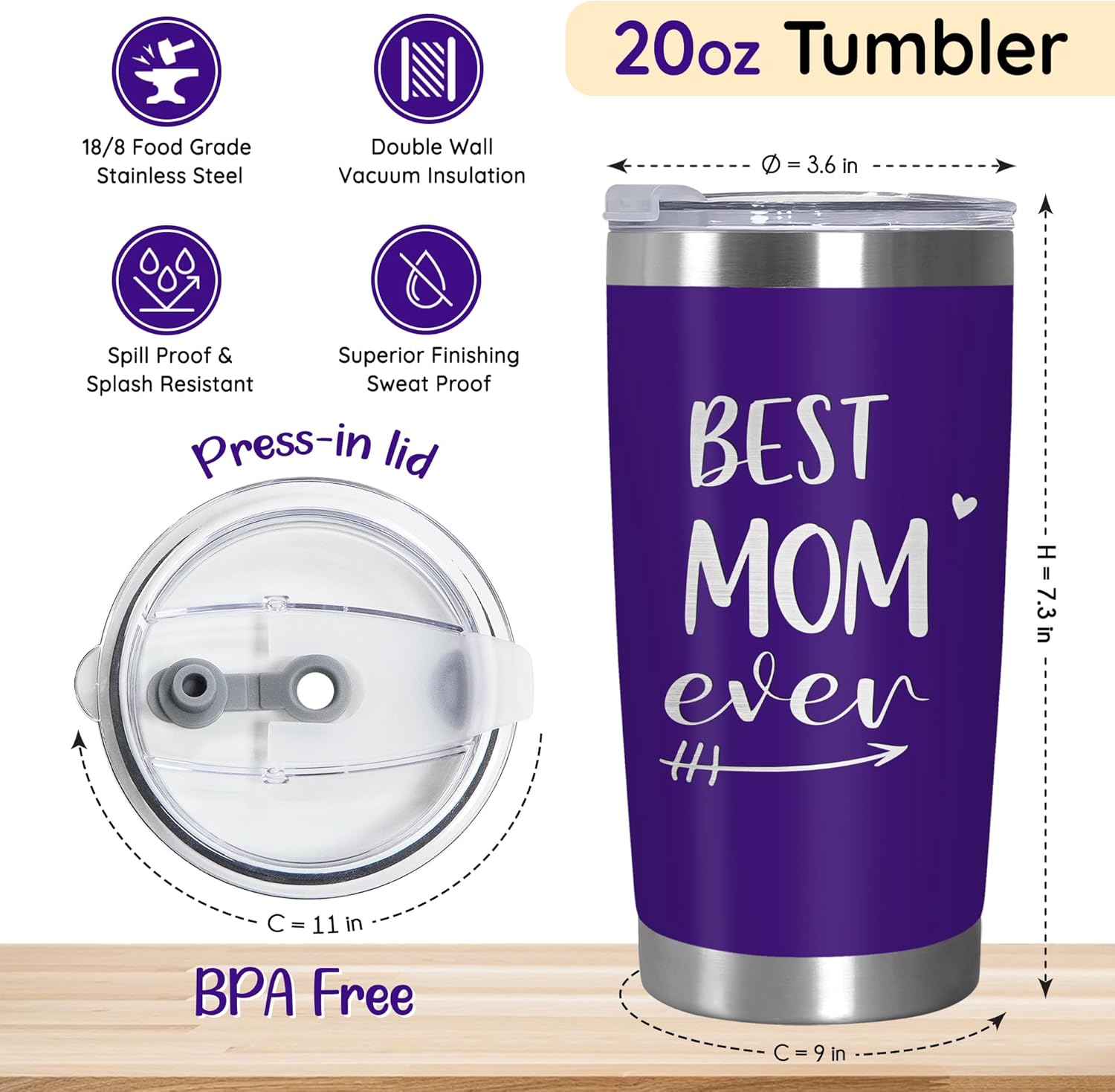 TEEZWONDER Mom Birthday Gifts from Daughter Son - Best Mom Ever 20 oz Stainless Steel Insulated Coffee Tumbler with Lid - Mothers Day Birthday Gifts for Moms, Mama Gift for Mother in Law Stepmom - Image 3