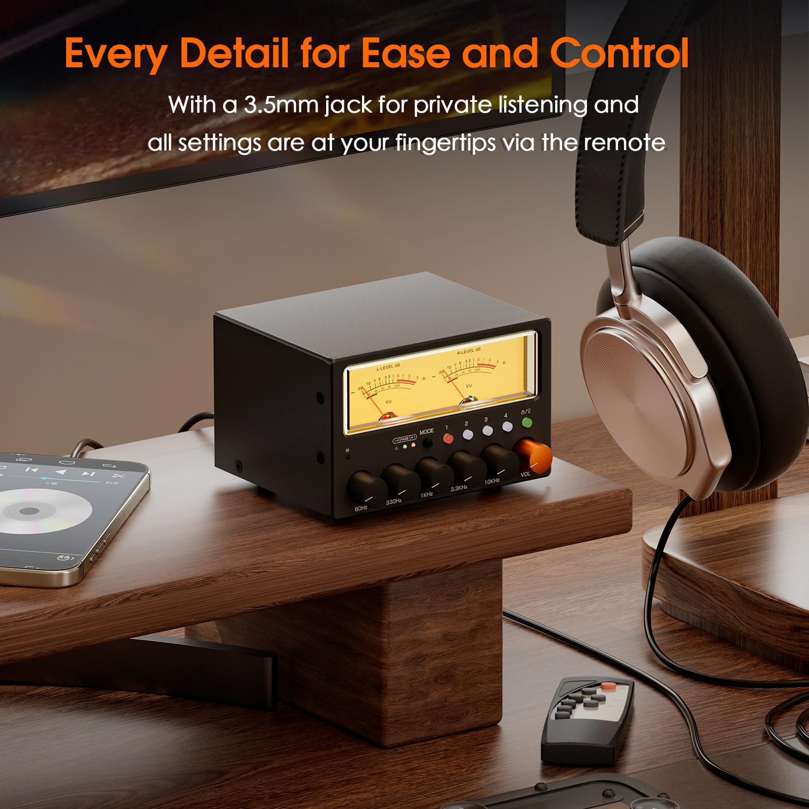 Nobsound Interruttore audio D5 a 4 vie: preamplificatore EQ stereo HiFi a 5 bande e splitter RCA con VU Meter e amplificatore per cuffie per home theater/studio/DJ