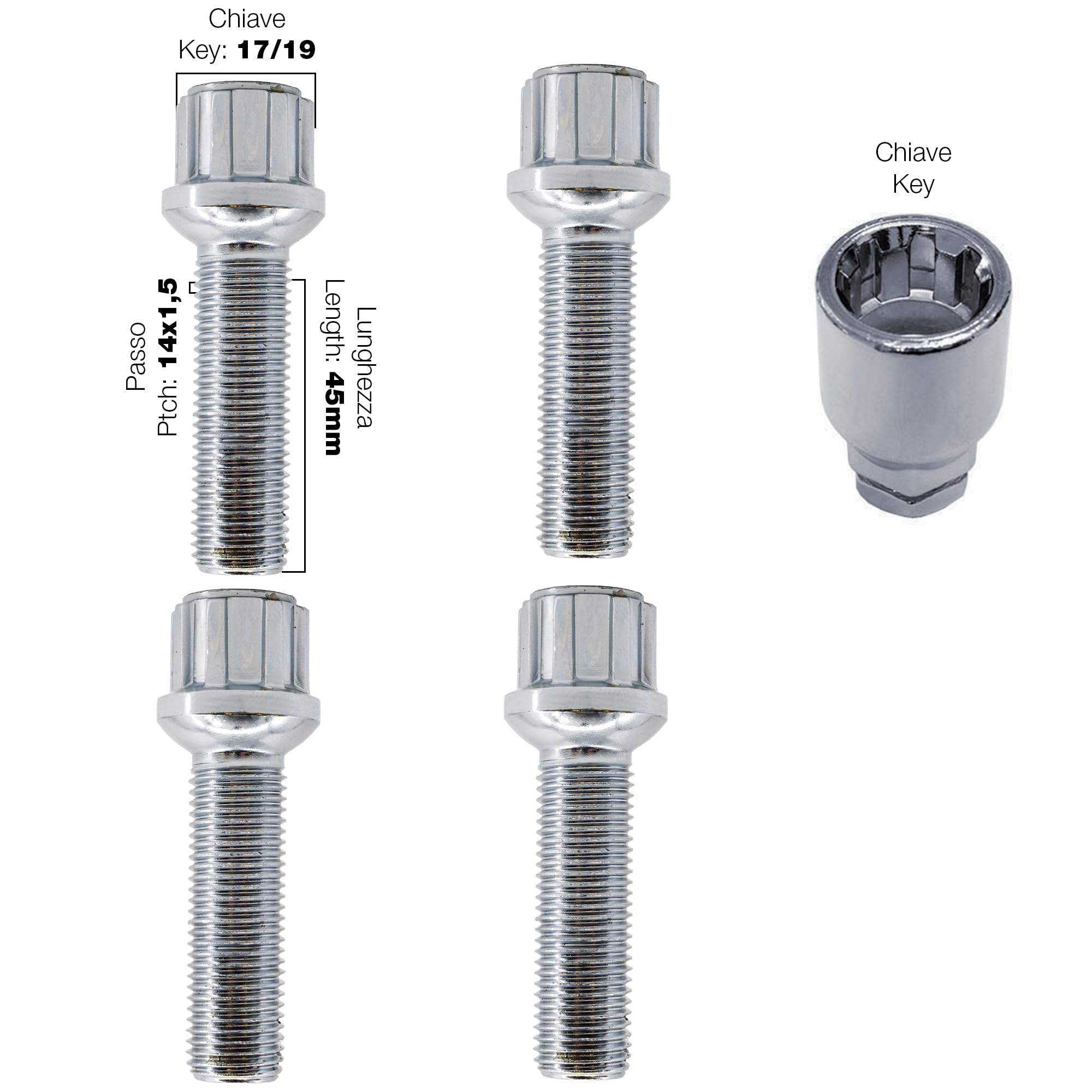 Simoni Racing BRA/77 Kit 4 Bulloni Antifurto - Bulloni antifurto per Ruote Chiave 17-19 M14x1.5 Lunghezza 45 mm