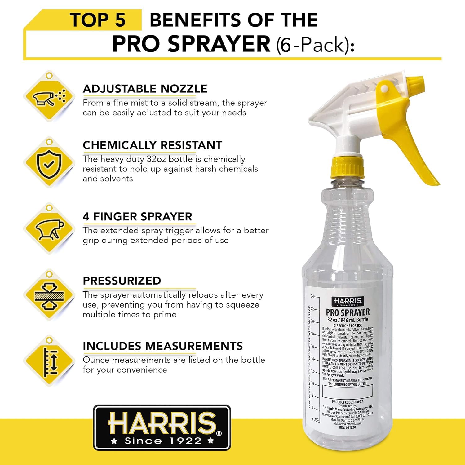 HARRIS Professional Spray Bottle 32oz (6-Pack), All-Purpose for Cleaning and Plants with Clear Finish, Pressurized Sprayer, Adjustable Nozzle and Measurements