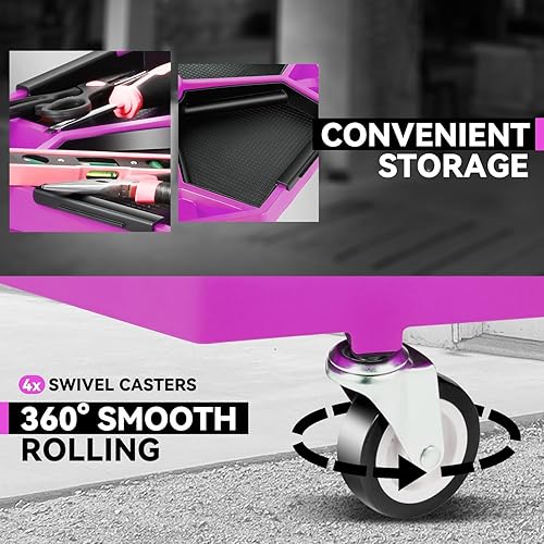 Miniatura 25 de Auto Dynasty Taburete mecánico, asiento de garaje neumático ajustable con bandeja de herramientas, asiento de rodillo de 300 libras para reparación