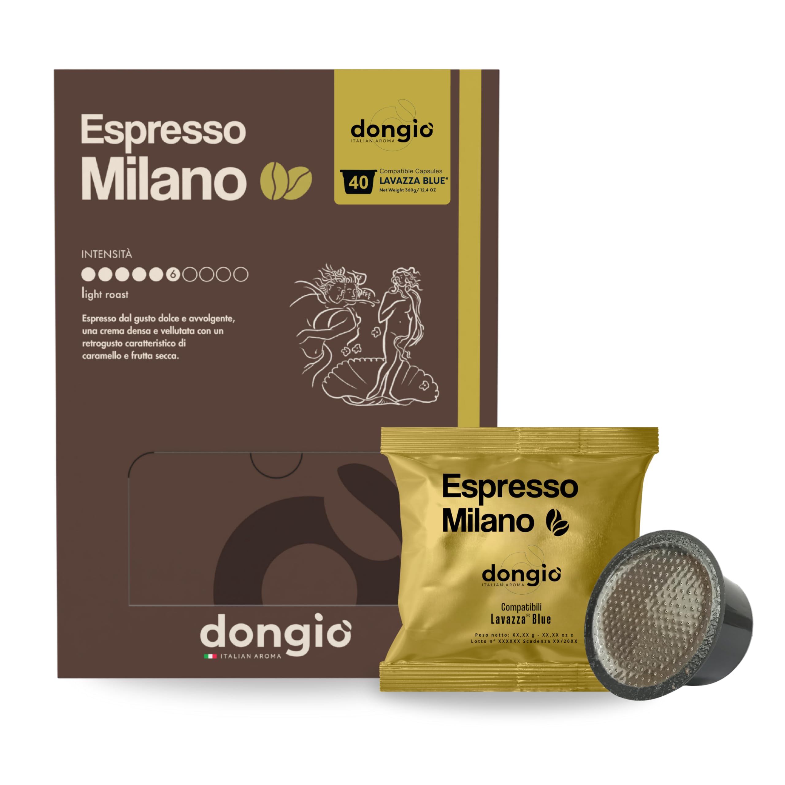 Dongiò Caffè Espresso Milano - 40 Capsules compatible with Lavazza Blue/Black systems, Med-Light Roast Coffee (Intensity 6/10) - Roasted and Blended in Italy
