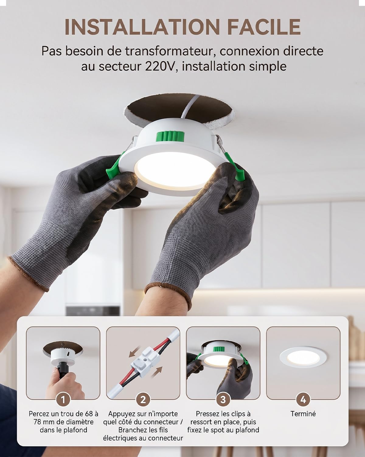 Lot de 20 Spot LED Encastrables 68mm 5W 220V, 3 Températures de Couleur Réglables, Blanc Chaud 2700K / Neutre 4000K / Froid 6000K, Spots de Plafond IP44 Étanche pour Salle de Bain Salon Cuisine