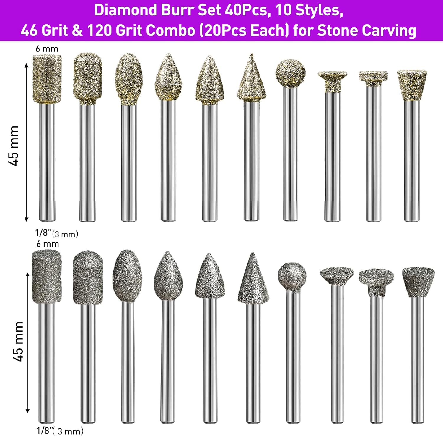 46-Grit &120-Grit Diamond Grinder Bit 1/8" Shank Compatible with Dremel Rotary Tool, 42Pcs Stone Carving Diamond Drill Bits for Carve Engrave Polish Wood Resin Porcelain Ceramic Quartz Metal