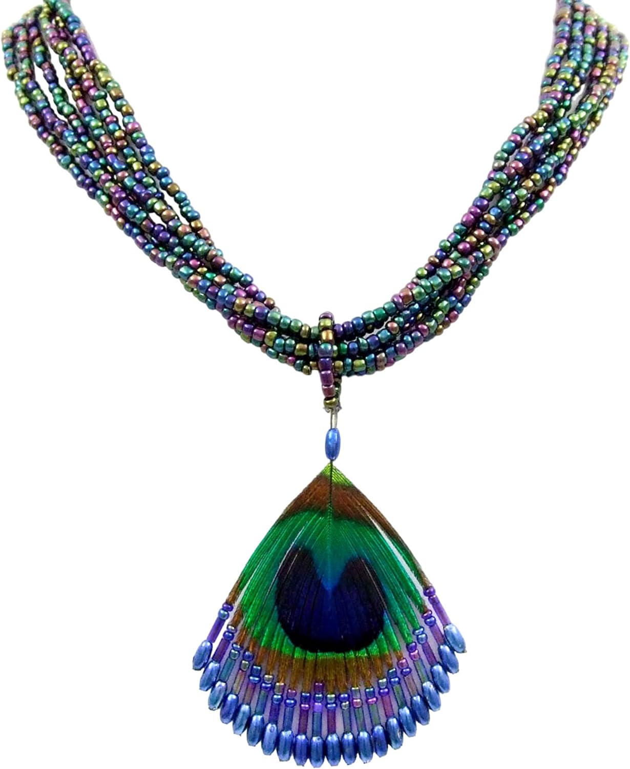 Iridescent Peacock Feather Necklace, Hand Beaded Blue Color Beads Peacock Feather Pendant Necklace for Women, Handmade Feather Necklace Jewelry BA330-1 - Image 5