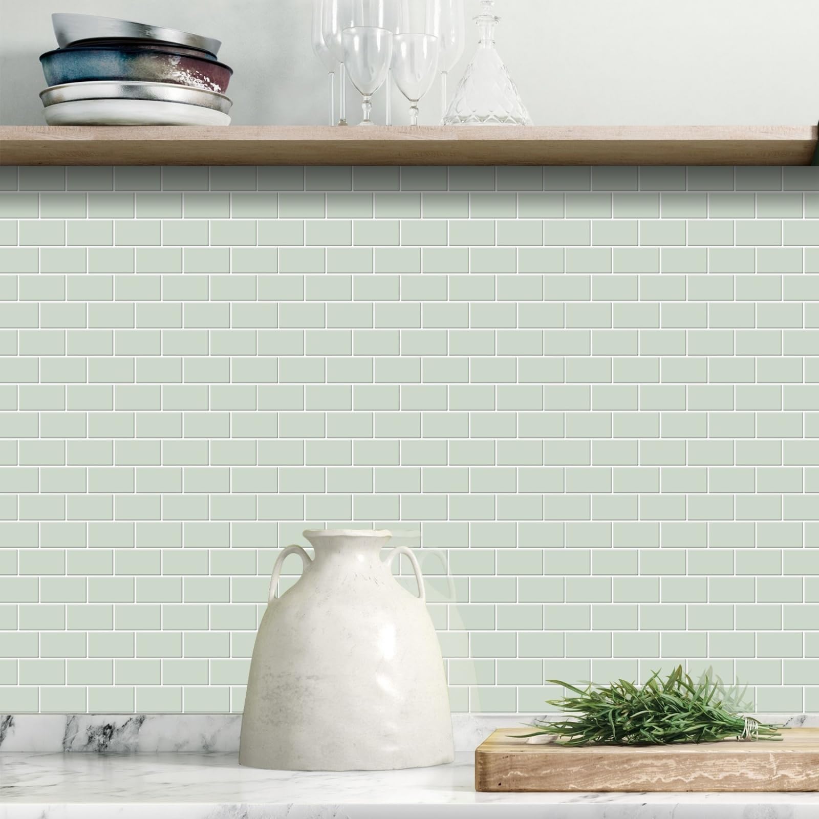 Stick on Kitchen Tiles 27x27 cm Light Green Brick Peel and Wall Waterproof PVC for Fireplace Surround Furniture Decoration Tile Stickers Backsplash 20 Pcs