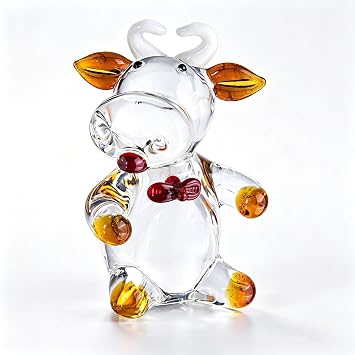 QFkris 2.5" Mini Cow Sculpture Hand Blown Glass Animal Art Farm Figurine Animals Miniature Collectible Decor Blown for Women